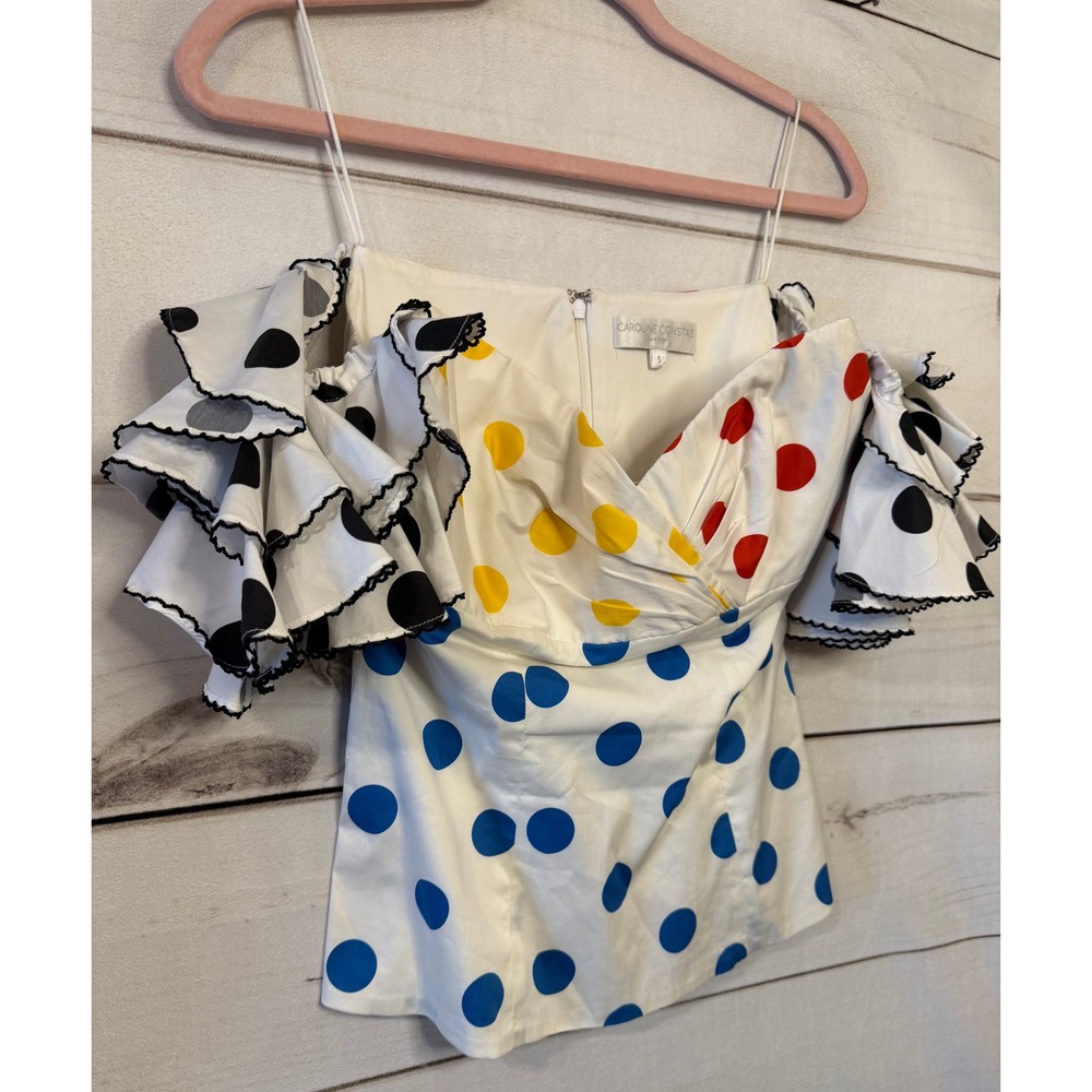 CAROLINE CONSTAS Polka Dot Off Shoulder Ruffle Top Ivory Red Blue Yellow Black S - Picture 9 of 9